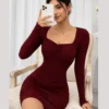 Women Bodycon Maroon Above Knee/Mid Thigh Length Dress