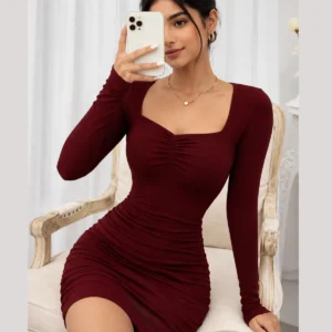Women Bodycon Maroon Above Knee/Mid Thigh Length Dress