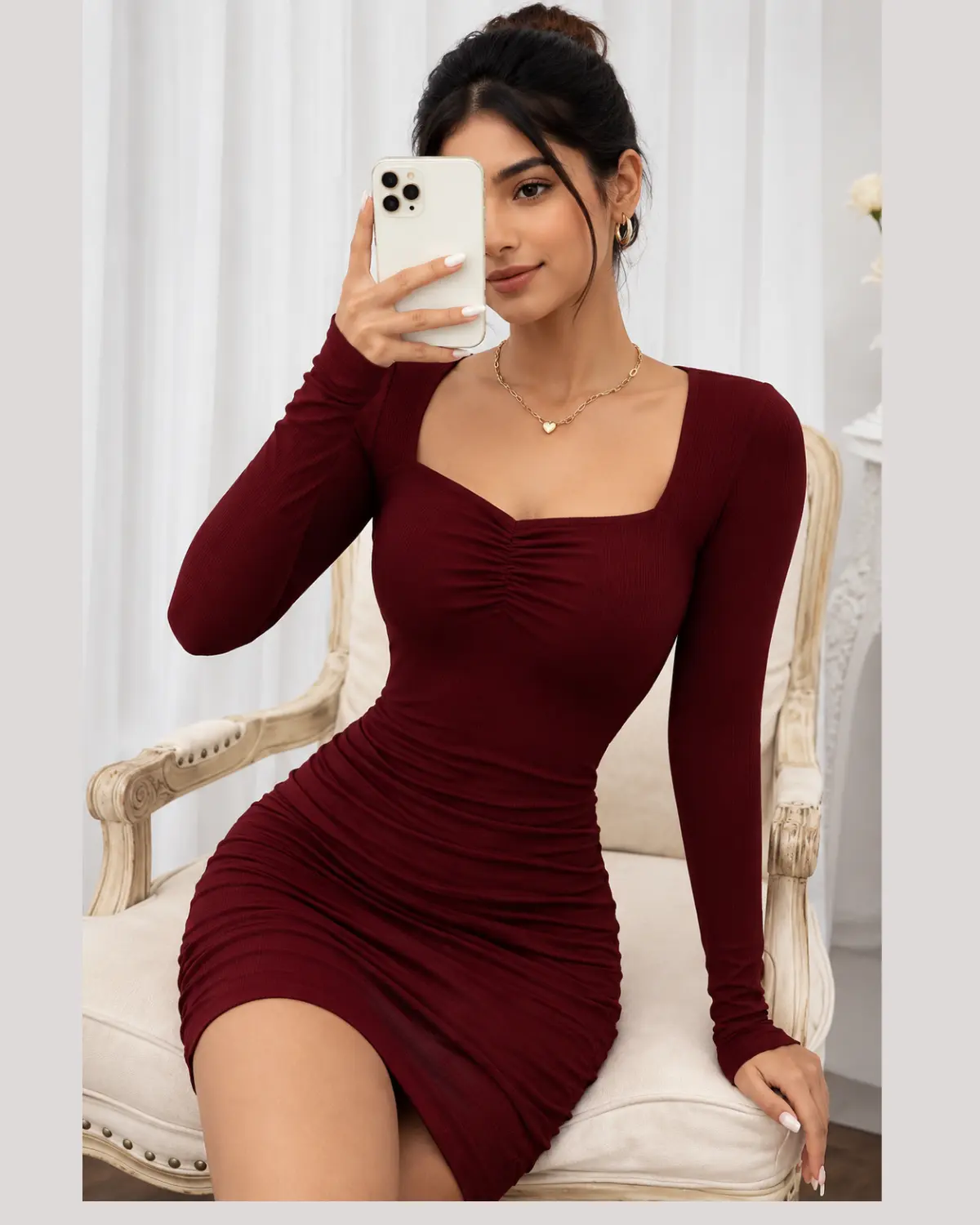 Women Bodycon Maroon Above Knee/Mid Thigh Length Dress